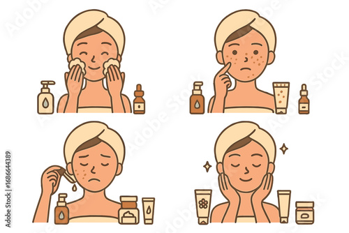Various Skincare Routines for Different Skin Types and Concerns, Minimalistic Style, Vector Cartoon Illustration, Facial Care Steps, Beauty and Self-Care Concepts