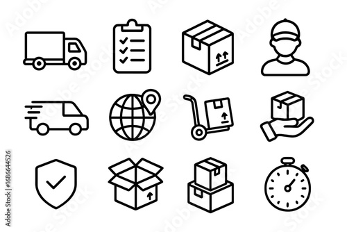 Logistics and delivery service line icon set. Transport, shipping, and courier outline icons. Vector collection for cargo, express delivery, package tracking, and e-commerce.