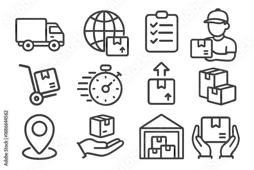 Logistics and delivery line icon set. Transport, shipping, courier outline collection. Cargo freight, fast delivery, worldwide shipping, order tracking vector symbols.