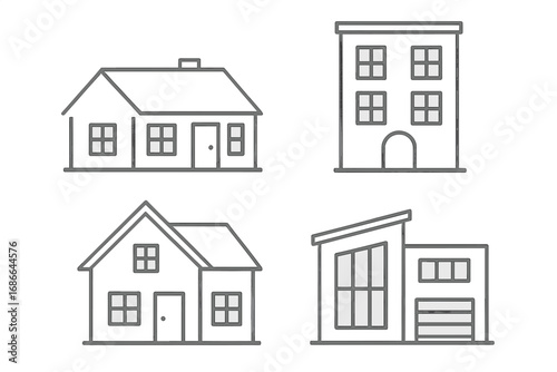 Various styles of residential buildings in simple outline vector illustration, showcasing modern and classic architecture design concepts, cartoon house icons with transparent background