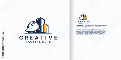 Construction logo design featuring a hard hat and buildings, representing the construction industry.