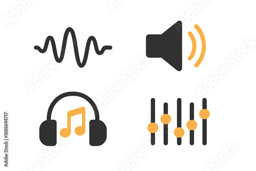 Minimalist vector cartoon illustration of sound waves, audio elements, headphones with music notes, volume speaker, and equalizer controls for music lovers and audio professionals