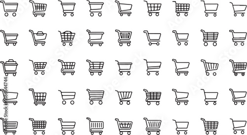Collection of fifty black shopping cart icons representing e-commerce and online retail vector