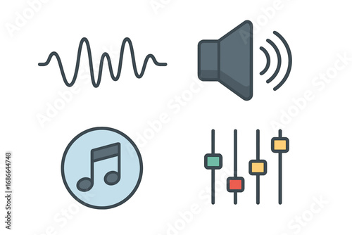 Visual representations of sound waves, audio elements, music notes, volume control, and audio mixing sliders in minimalist vector cartoon style for music enthusiasts and audio professionals