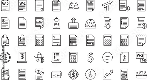 Collection of hand drawn business and finance icons representing documents data and money vector