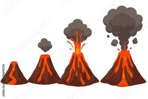 Volcanic eruption stages with lava flow and ash clouds, volcanic explosion intensity levels, cartoon vector illustration, transparent background, ordered set of erupting volcanoes