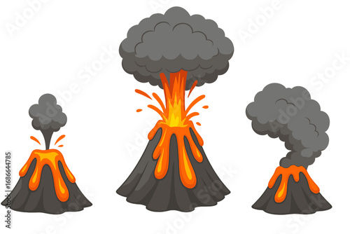 Volcanic eruption stages with flowing lava and ash clouds, cartoon vector illustration set showing various eruption intensities, natural disaster, geology, volcanic activity