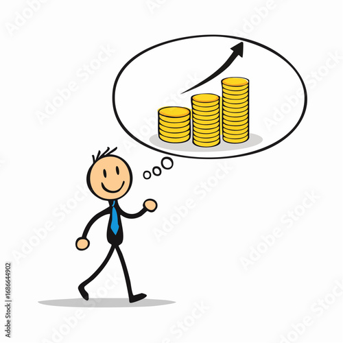 Stick Man Dreaming of Money and business upward