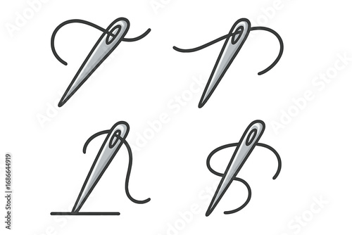 Needle with thread icon set. Sewing and stitching signs. Vector cartoon illustration for tailor, craft, handmade, dressmaking and embroidery. Mending and repair symbol.