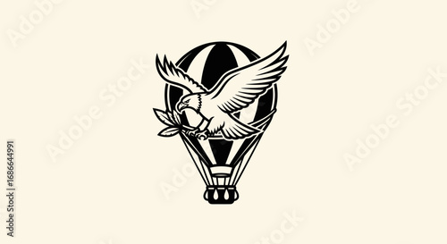 Vintage bird with olive branch flying above hot air balloon.