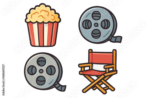 Cinema and movie icons set. Vector cartoon illustration of popcorn, film reel, and director's chair. Concept for filmmaking, hollywood production, entertainment, and movie night.