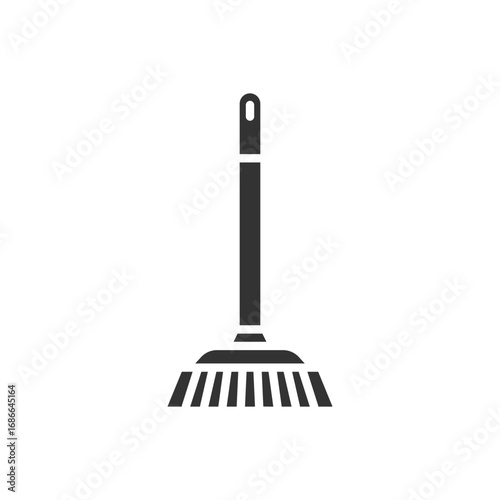 A simple solid black broom illustration on a white background The broom features a handle with a hanging hole and a bristled head. Editable stroke. Icon vector illustration