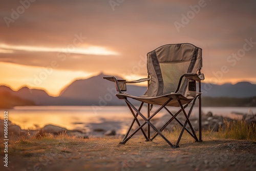 Camping Chair by Lake with Sunset Background