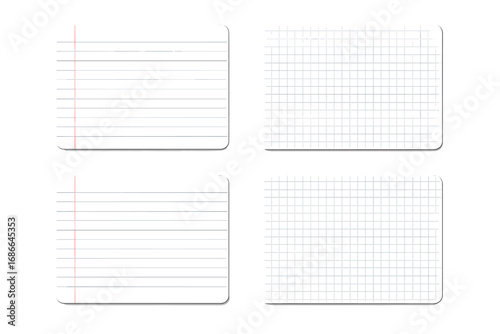 Set of blank paper sheets with lines and grid pattern. Vector isolated notebook and graph paper pages. School or office supplies mockup. Empty index card or memo note template.