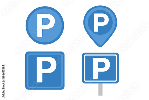 Parking icon set vector. Car park signs collection. Map location pointer. Roadside symbol for auto zone. Vehicle place marker. Traffic signpost for city navigation. Isolated graphic element.
