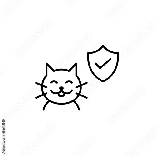 Verified pet safety, certified products and services. Cat, shield and checkmark. Pixel perfect, editable stroke vector icon