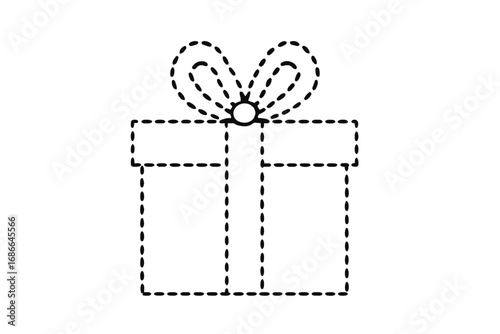 Present gift box icon with dotted line. Vector isolated element. Christmas gift symbol with coupon cut out style. Surprise present linear design for birthday or holiday.