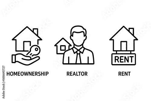 Real estate line icon set. Homeownership, realtor agent, and rent symbols. Property investment, buying a house, mortgage and leasing concept. Thin linear outline pictogram vector.