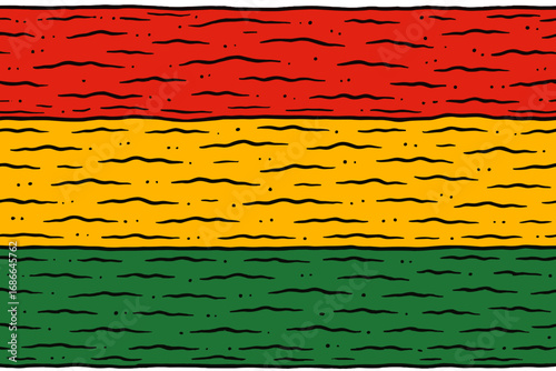 Rasta colors seamless background. Reggae music flag texture. Vector cartoon illustration in red, yellow, green. Jamaican or African culture symbol for poster or graphic design.