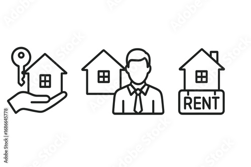 Real estate line icon set. Homeownership, realtor, and rent symbols. Vector icons for buying, selling, or leasing property. House key, agent, and for rent sign concepts.