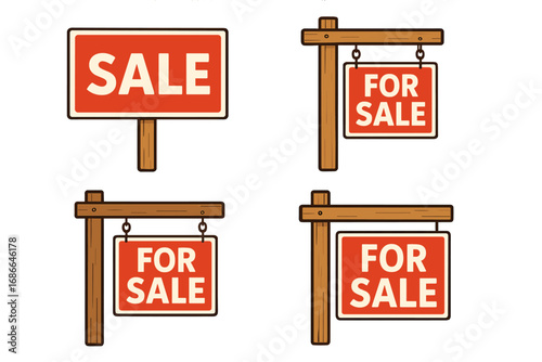 Real estate for sale sign collection. Vector illustration set of red wooden signs for property advertising. House for sale concepts isolated on a transparent background.