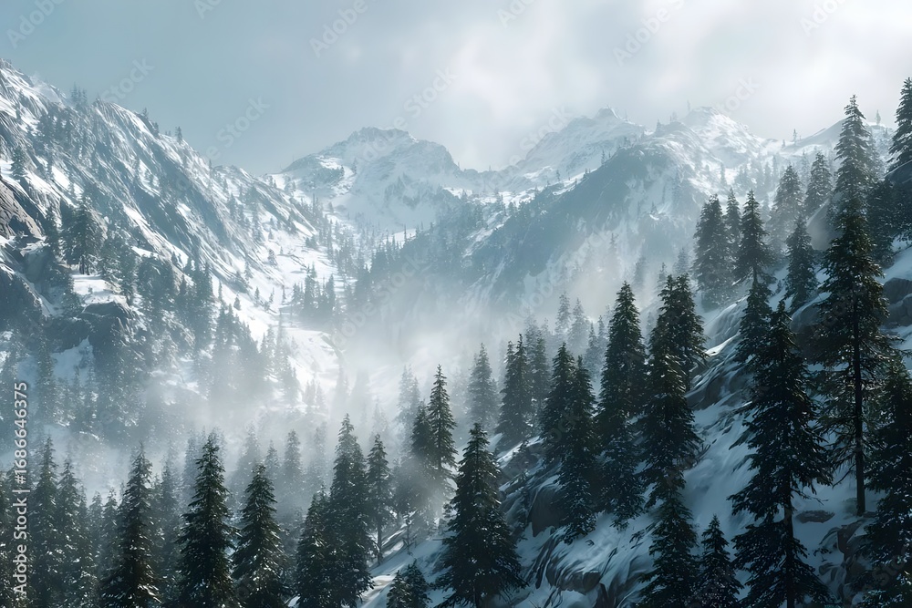 Fototapeta premium Snowy mountain with pine trees and mist.