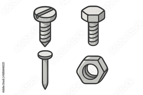 Screw, bolt, nail, and nut vector icon set. Metal hardware fasteners for construction, carpentry, and repair. Industrial toolkit symbols. Cartoon metalware illustration.