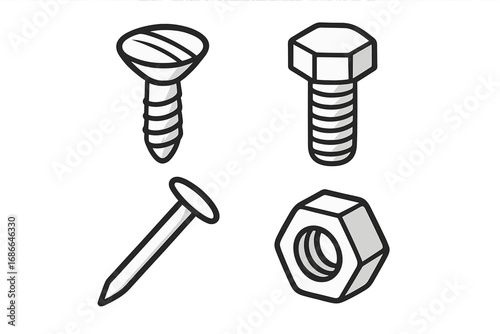 Hardware icon set with screw, bolt, hex nut, and nail. Vector illustration of metalware fasteners for construction, carpentry, and DIY projects. Simple outline toolkit symbols.