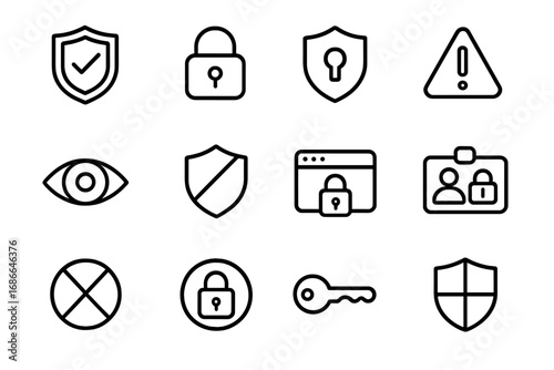 Security line icon set. Cybersecurity, privacy and data protection outline symbols. Safety, access control, password, lock, shield, key, alert, and web protection concepts.
