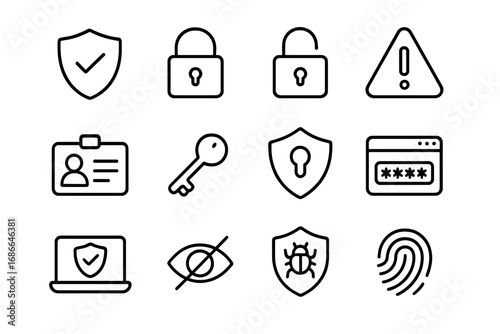 Cybersecurity line icon set. Data protection, privacy, safety, access outline vector symbols. Authentication, password, fingerprint, id card, key, lock, malware.