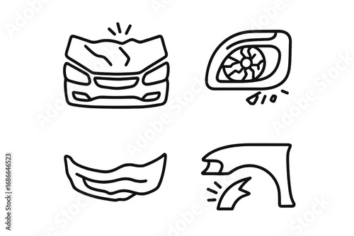 Traffic accident icons outline set of car crash debris, crumpled hood, broken headlight, twisted bumper piece, vector cartoon illustration for auto collision damage and car wreck repair