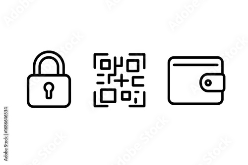 Security and payment linear icon set with lock, QR code, and wallet outline icons, vector cartoon illustration, transparent background, ordered set of four elements