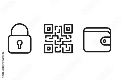 Security and payment linear icon set with lock, QR code, and wallet outline. Vector cartoon illustration with transparent background. Modern digital payment symbols.