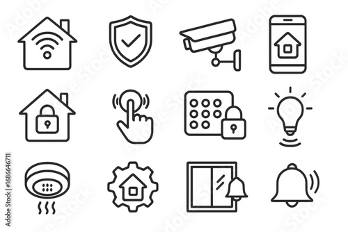 Smart Home Security Icon Set with Technology, Automation, Safety, Surveillance and Unlock Features. Modern Vector Cartoon Outline Collection for Home Automation and Protection