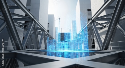 Futuristic Cityscape with Digital Hologram in Modern Urban Environment