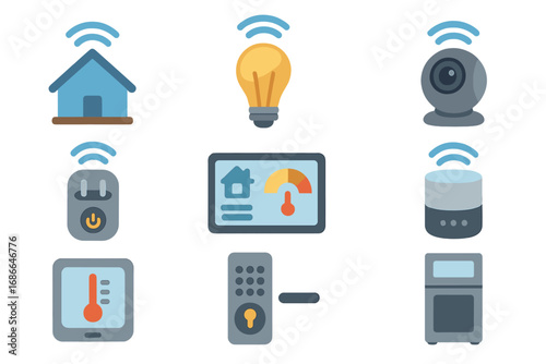 Smart home technology icons with wireless connectivity, innovative modern living devices, IoT systems, remote control gadgets, home automation, and smart appliances vector cartoon illustration