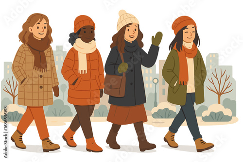 Stylish winter outfits featuring diverse women in cozy urban settings during a casual city stroll, vector cartoon illustration, warm clothing, seasonal fashion, diverse group, outdoor walk