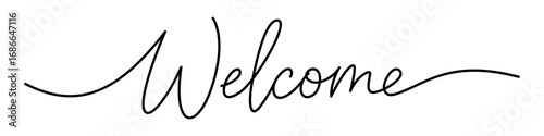 "Welcome" lettering in one line art style. Word drawing with editable black stroke on white background. Vector illustration.