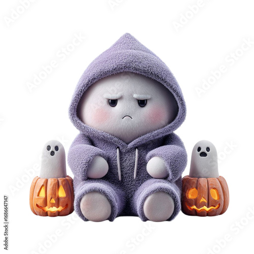 Grumpy Halloween Hood Spooky Kawaii Character with Pumpkins.