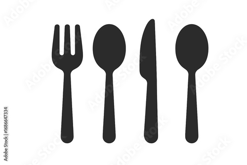 Solid filled utensil icon set, eating and serving flat vector illustration with cartoon style salad fork, soup spoon, steak knife, and serving spoon for food concepts