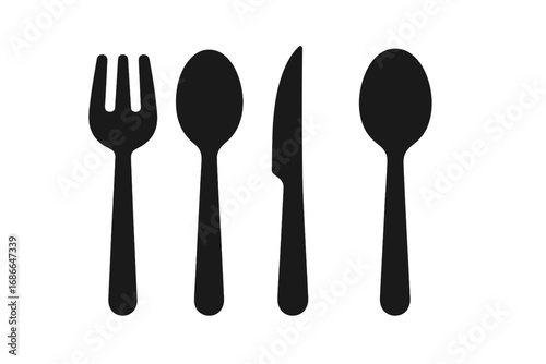 Utensil icon grid solid filled set with eating and serving utensils including salad fork, soup spoon, steak knife, serving spoon, vector cartoon illustration