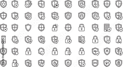 Collection of hand-drawn shield and lock icons representing security safety and protection concepts vector
