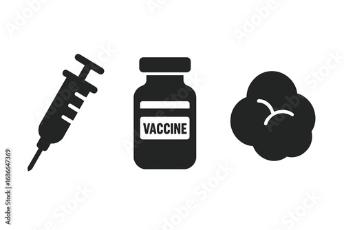 Vaccination Tools Icons Set, Solid Filled Vector of Injection Syringe, Vaccine Vial, Cotton Ball, Medical Immunization Process Illustration, Healthcare Symbol