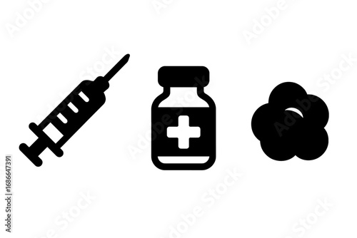 Vaccination tools icons vector set, solid filled injection syringe, vaccine vial, cotton ball symbols, immunization process elements, medical healthcare illustration