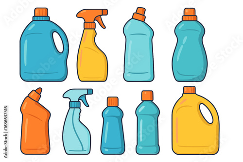 Various Cleaning Product Containers and Bottles in Neat Layout, Vector Cartoon Illustration with Transparent Background, Household Cleaning Supplies, Spray Bottles, Liquid Dispensers, Plastic Bottles