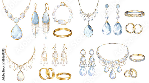 Watercolor illustration set of elegant jewelry with necklaces, rings, earrings, and bracelets, perfect for fashion, luxury, and wedding design projects.
