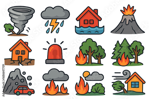 Various Natural Disaster Icons Depicting Severe Weather Conditions and Emergency Situations for Educational and Safety Awareness Use. Vector Cartoon Illustration with Transparent Background.
