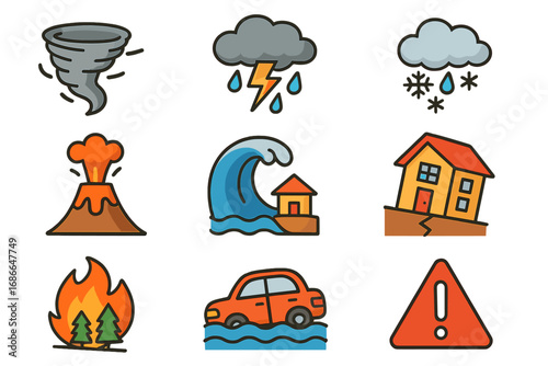 Various Natural Disaster Icons Depicting Severe Weather Conditions and Emergency Situations for Educational and Safety Awareness Vector Cartoon Illustrations with Transparency