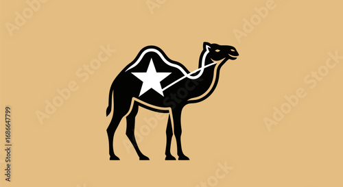 Black camel silhouette with a white star symbol on its hump.