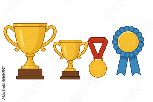 Symbols of Achievement with Trophies, Medals, and Ribbons Representing Success and Victory in Competitions, Awards, and Celebrations, Vector Cartoon Illustration Transparent Background